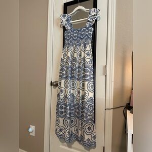 Sunday Up White and Blue embroidered maxi dress in like new condition.